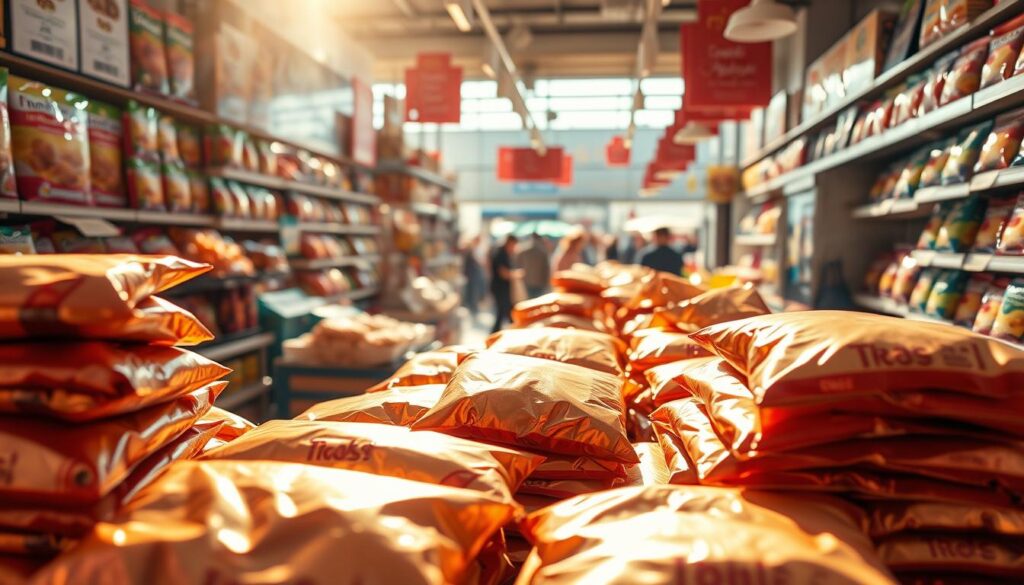 A bustling chocolate potato chips market, sunlit and vibrant. In the foreground, neatly stacked bags of the delectable snack, their foil wrappers shimmering. The middle ground features shelves adorned with various flavors, each package enticing consumers. In the background, a panoramic view of the market, with shoppers browsing and the aroma of chocolate and potatoes permeating the air. The lighting is warm and inviting, creating a sense of comfort and indulgence. The camera angle is slightly elevated, providing a comprehensive perspective of the market's energy and growth potential.