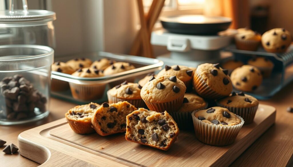 A cozy kitchen counter with a wooden cutting board, a glass baking dish filled with mouthwatering chocolate chip mini muffins, and a transparent storage container nearby. The muffins are arranged artfully, some sliced in half to reveal their soft, crumbly interiors. Warm, golden light filters through a nearby window, casting a comforting glow over the scene. The overall atmosphere is one of inviting simplicity, encouraging the viewer to imagine the delightful flavors and textures of these irresistible treats. A cozy kitchen counter with a wooden cutting board, a glass baking dish filled with mouthwatering chocolate chip mini muffins, and a transparent storage container nearby. The muffins are arranged artfully, some sliced in half to reveal their soft, crumbly interiors. Warm, golden light filters through a nearby window, casting a comforting glow over the scene. The overall atmosphere is one of inviting simplicity, encouraging the viewer to imagine the delightful flavors and textures of these irresistible treats.