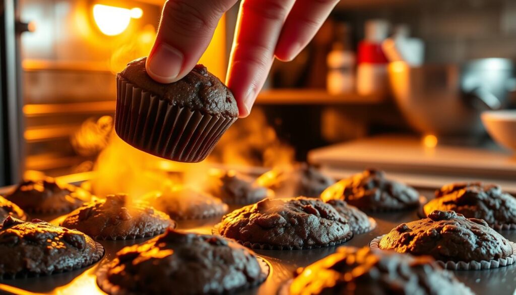 A mouthwatering close-up of freshly baked chocolate mini muffins, steam rising from their soft, crumbly tops. Warm, golden light floods the scene, casting a cozy glow over the muffin tray. In the foreground, a baker's hand gently removes a perfectly domed muffin, revealing its rich, chocolatey interior. The middle ground showcases the baking process, with an oven door open to reveal more muffins baking to perfection. In the background, a tidy kitchen counter with baking supplies and a mixing bowl hint at the preparation that went into this delectable treat. Detailed, high-resolution, realistic. A mouthwatering close-up of freshly baked chocolate mini muffins, steam rising from their soft, crumbly tops. Warm, golden light floods the scene, casting a cozy glow over the muffin tray. In the foreground, a baker's hand gently removes a perfectly domed muffin, revealing its rich, chocolatey interior. The middle ground showcases the baking process, with an oven door open to reveal more muffins baking to perfection. In the background, a tidy kitchen counter with baking supplies and a mixing bowl hint at the preparation that went into this delectable treat. Detailed, high-resolution, realistic.