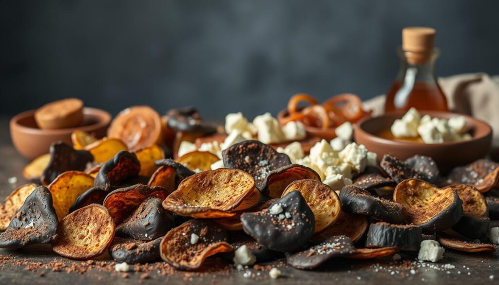 A visually striking still life arrangement showcasing a harmonious fusion of sweet and savory flavors. In the foreground, a tantalizing mix of dark chocolate-dipped potato chips, sprinkled with a dusting of cocoa powder and a hint of sea salt. The middle ground features an array of complementary ingredients, including caramelized onions, crumbled feta cheese, and a drizzle of honey. In the background, a muted color palette of earthy tones sets the stage, with a subtle lighting that casts a warm, inviting glow over the entire composition. The overall scene conveys a sense of balance, where the interplay of contrasting tastes and textures creates a captivating and unexpected culinary experience.