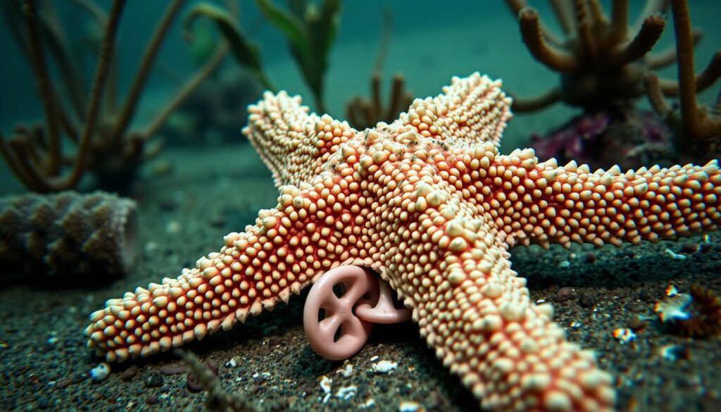 A close-up view of a chocolate chip starfish (Protoreaster nodosus) slowly extending its tube feet to capture and consume small marine organisms on the seafloor. The starfish's intricate, warty surface is illuminated by soft, diffused natural lighting, highlighting its unique texture and coloration. The scene is set against a muted, out-of-focus background of underwater plants and sediment, creating a sense of depth and focus on the starfish's feeding behavior. The image conveys the delicate, yet efficient, way the starfish uses its tube feet to gather sustenance from its environment. A close-up view of a chocolate chip starfish (Protoreaster nodosus) slowly extending its tube feet to capture and consume small marine organisms on the seafloor. The starfish's intricate, warty surface is illuminated by soft, diffused natural lighting, highlighting its unique texture and coloration. The scene is set against a muted, out-of-focus background of underwater plants and sediment, creating a sense of depth and focus on the starfish's feeding behavior. The image conveys the delicate, yet efficient, way the starfish uses its tube feet to gather sustenance from its environment.