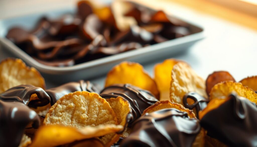 A closeup shot of a variety of chocolate-coated potato chips, showcasing the intricate coating techniques. The foreground features freshly dipped chips, with the chocolate still glistening and dripping down the sides. The middle ground highlights the careful application of the chocolate, revealing the distinct patterns and textures created by different coating methods. In the background, a tray of uncoated chips awaits their turn to be submerged in the rich, dark chocolate, creating a sense of anticipation. Soft, warm lighting illuminates the scene, emphasizing the tempting appeal of these unique confections. The overall atmosphere evokes a sense of artisanal craftsmanship and the pleasure of indulging in this delightful fusion of sweet and savory.