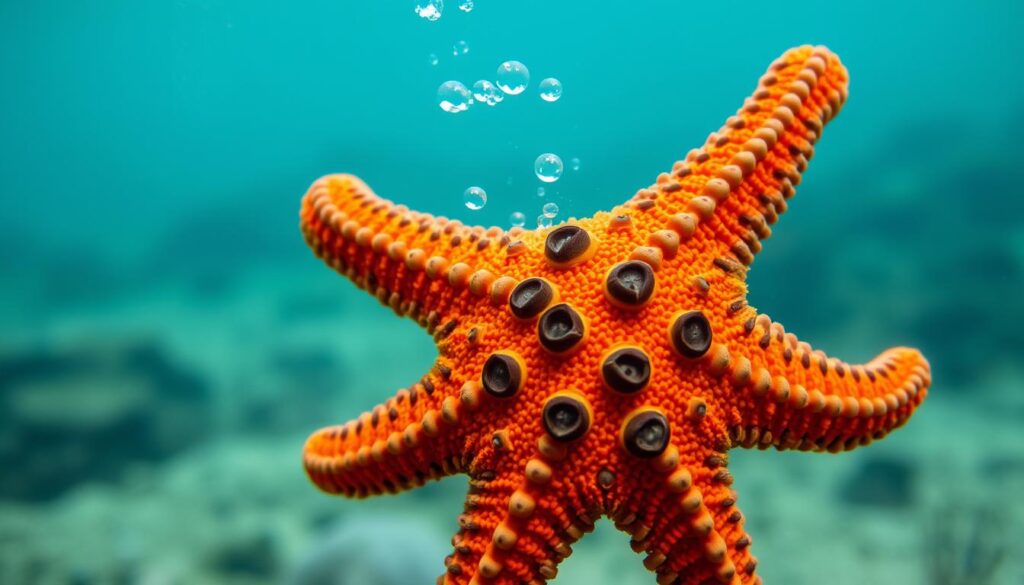 Chocolate Chip Starfish in a natural marine environment, gently reproducing through the release of gametes. A close-up view captures the intricate textures and patterns of the starfish's vibrant orange body, with its iconic chocolate brown "chips" dotting the surface. Soft, ambient lighting illuminates the scene, creating a serene and captivating atmosphere. The starfish is suspended in crystal-clear ocean water, with a blurred, hazy background hinting at the vast, underwater world surrounding it. The composition emphasizes the delicate, mesmerizing process of starfish reproduction, inviting the viewer to witness this remarkable natural phenomenon. Chocolate Chip Starfish in a natural marine environment, gently reproducing through the release of gametes. A close-up view captures the intricate textures and patterns of the starfish's vibrant orange body, with its iconic chocolate brown "chips" dotting the surface. Soft, ambient lighting illuminates the scene, creating a serene and captivating atmosphere. The starfish is suspended in crystal-clear ocean water, with a blurred, hazy background hinting at the vast, underwater world surrounding it. The composition emphasizes the delicate, mesmerizing process of starfish reproduction, inviting the viewer to witness this remarkable natural phenomenon.